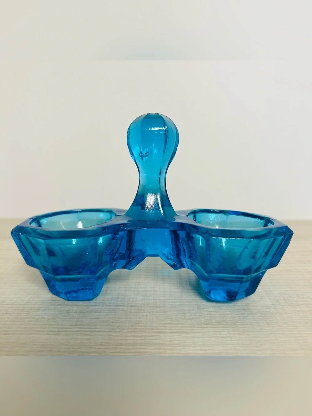 Vintage Art Deco Blue Glass Salt & Pepper Cellar Stand - Double Pinch Dip Stand